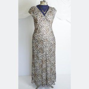 Silk Cheetah/Leopard Print 90's Vintage Maxi Dress, V neck, Classic Silhouette